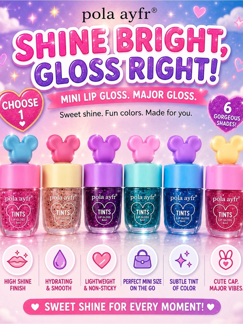 Lip Gloss with Mouse Ear Themed Applicator Cap - choose 1